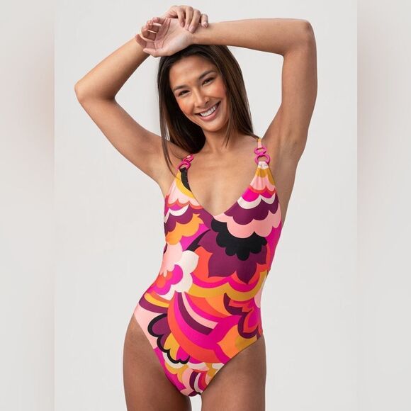 NWT WOMEN'S FAN FAIRE TWIST BACK HALTER PLUNGE ONE PIECE SWIMSUIT - Picture 1 of 14